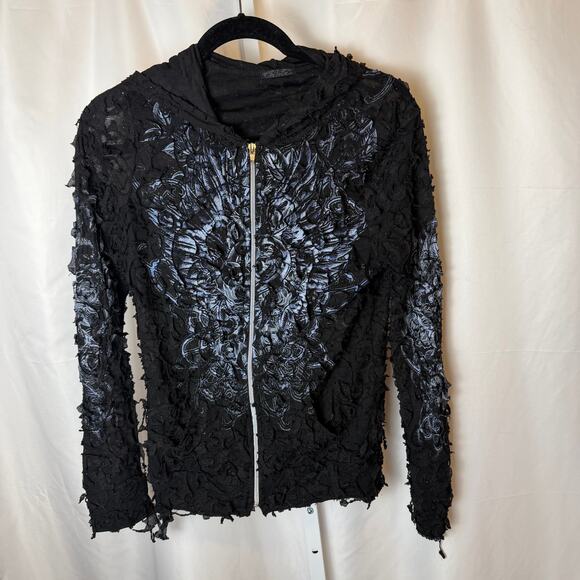 VTG Y2K In Vein Burnout Velvet Hoodie L Black Grunge Shredded Textured Indie - Picture 1 of 8